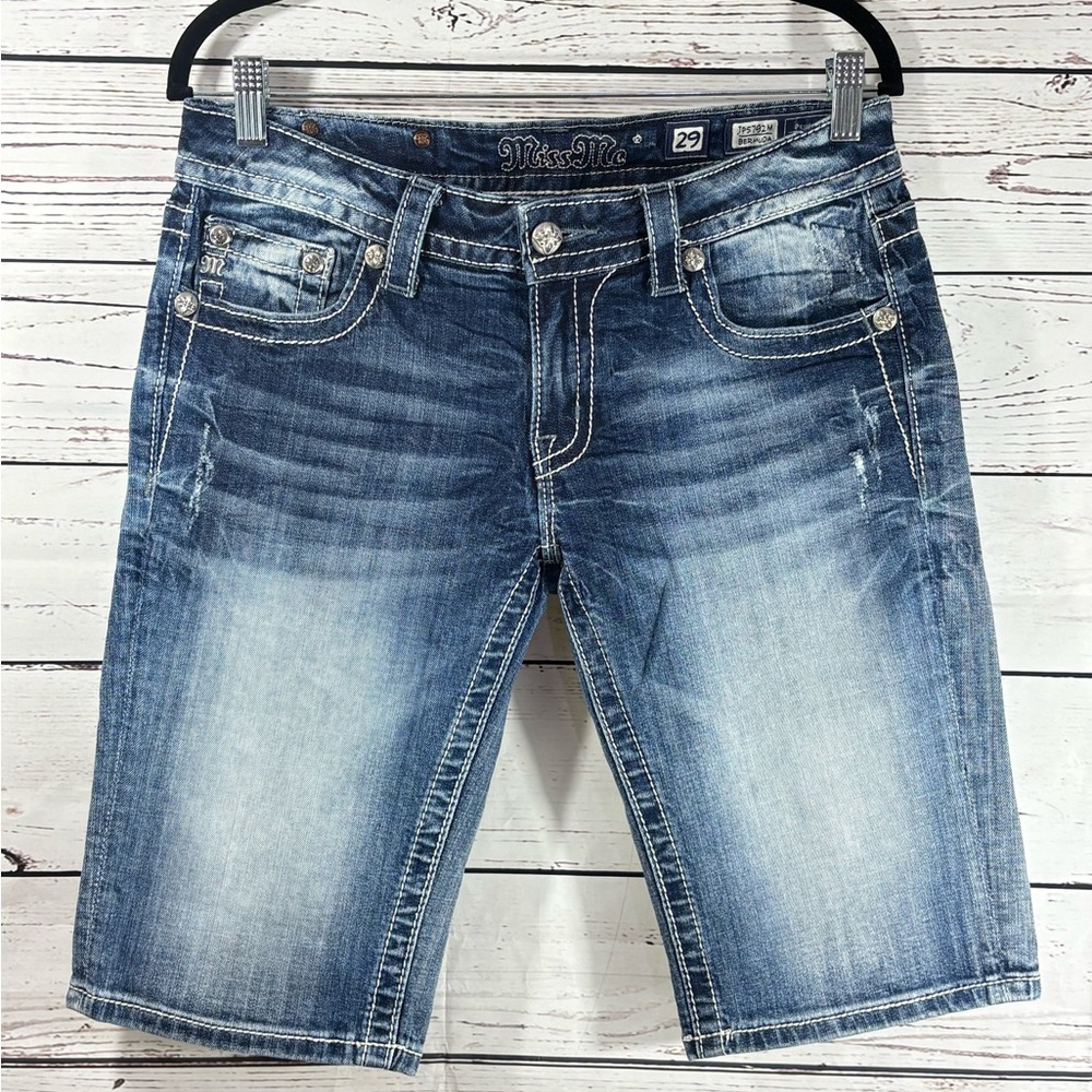 Miss Me Bermuda Jean JP5792M with Fleur de Lis Rhinestone Embroidery in Size 29